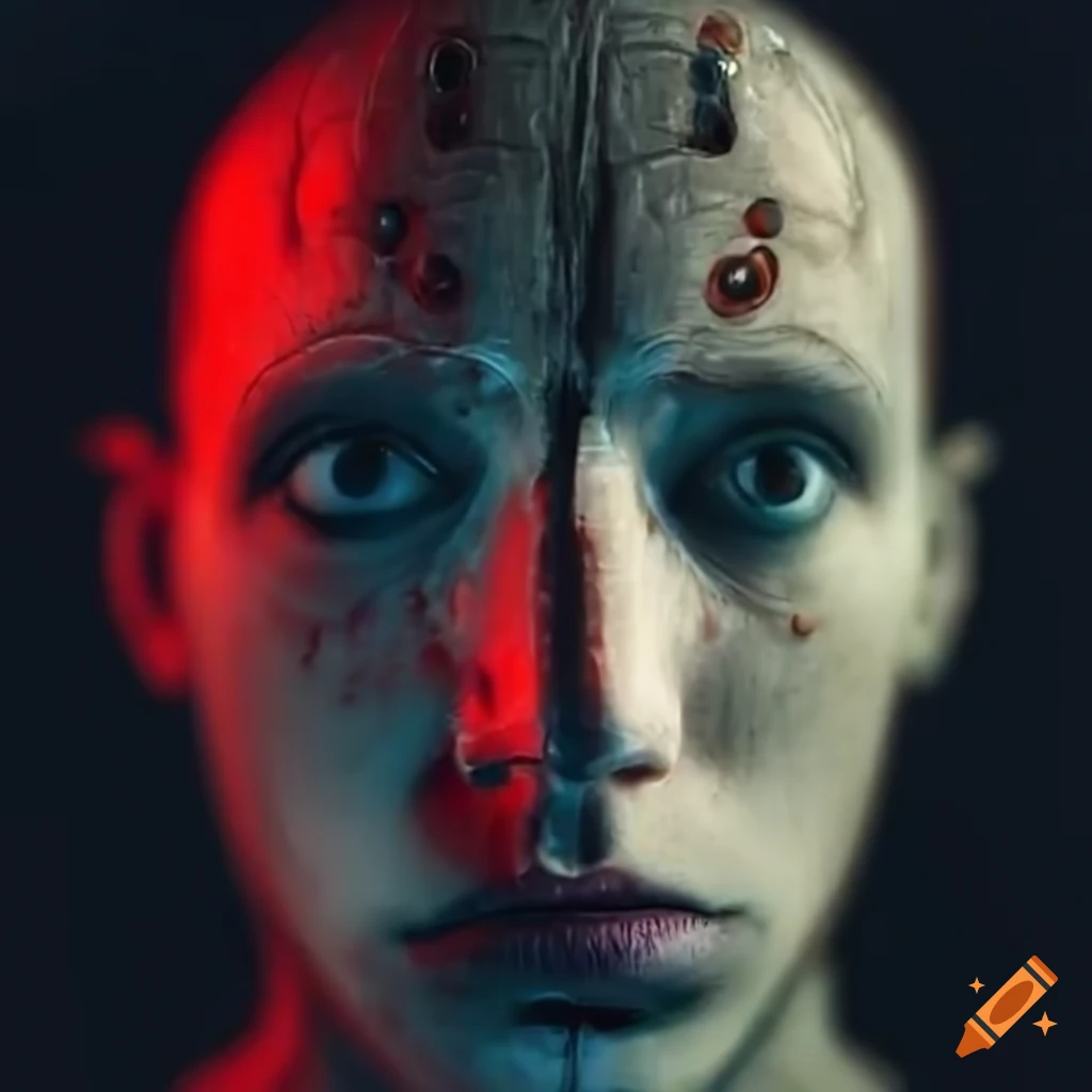 Cyborg with a neural network in its head looking forward