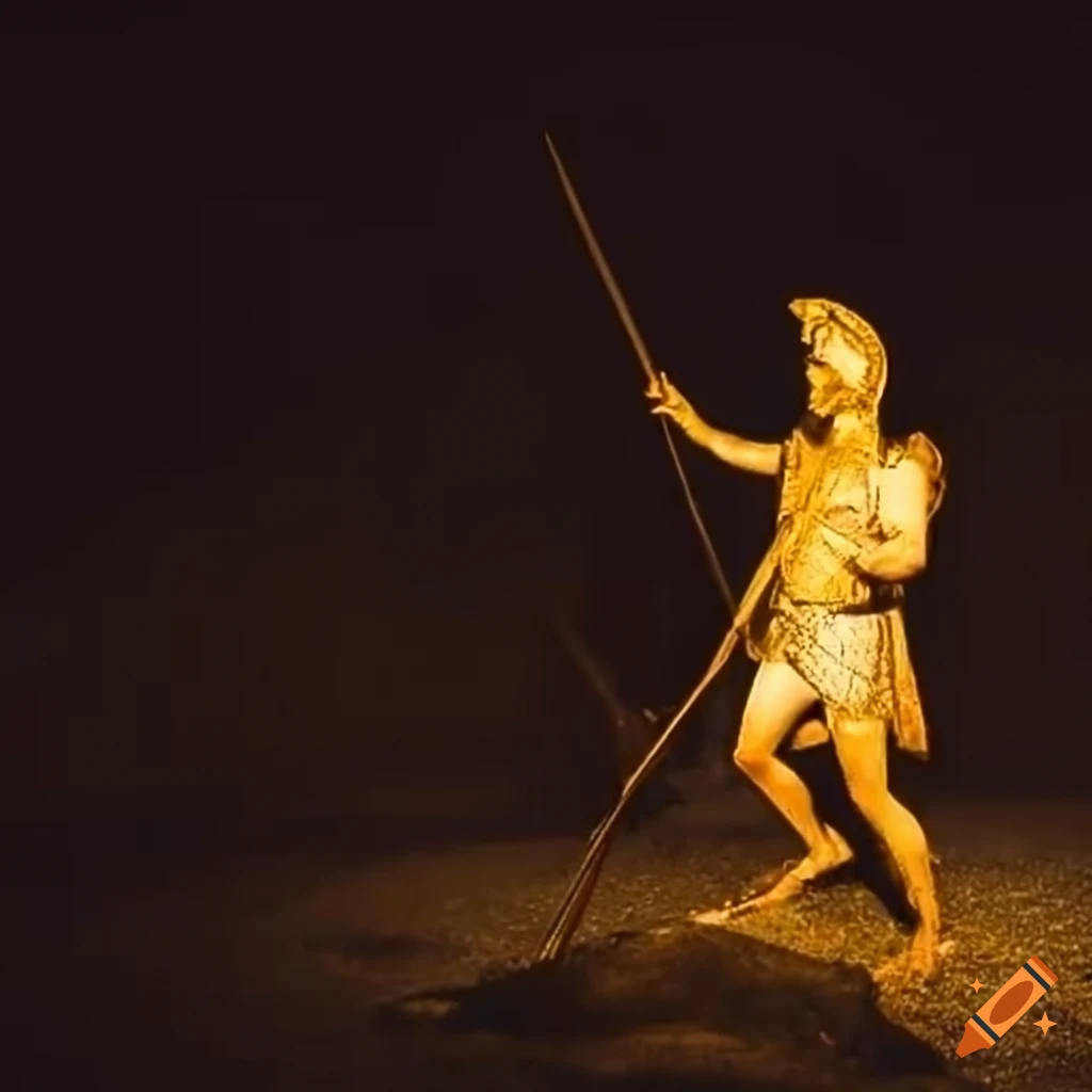 Ancient Greece soldier walking with a torch at night