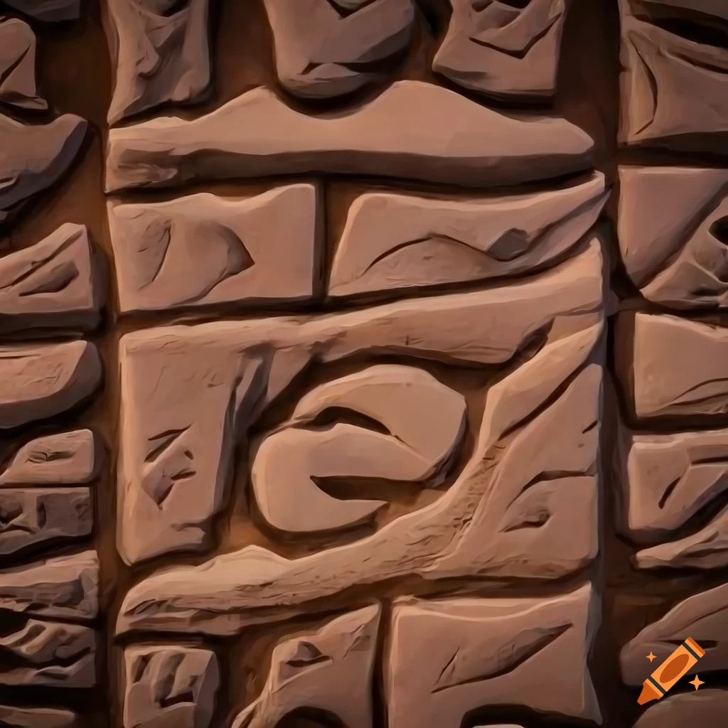 Intricate stone wall texture with embedded runes and carvings on Craiyon