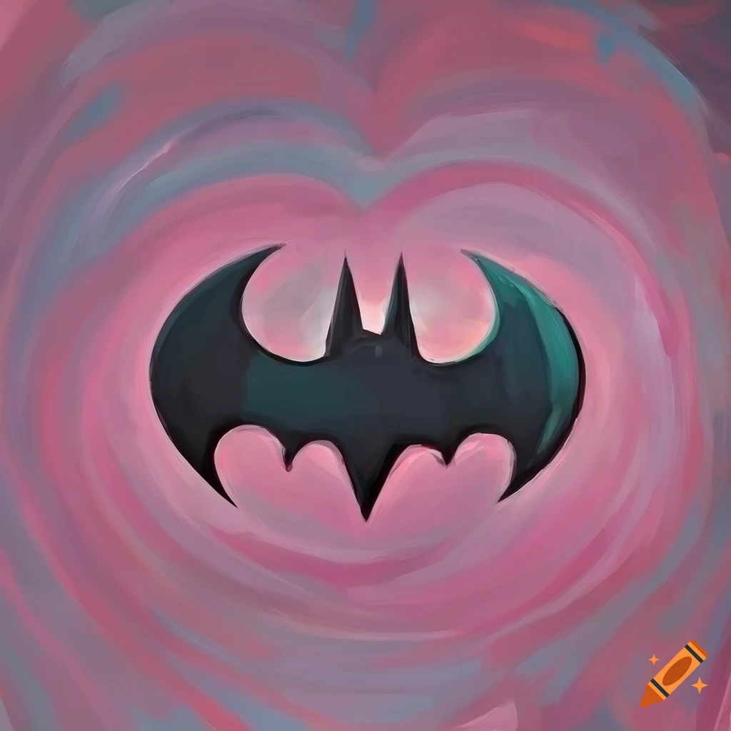 Abstract cubist painting of a heart with Batman's symbol on a pink background
