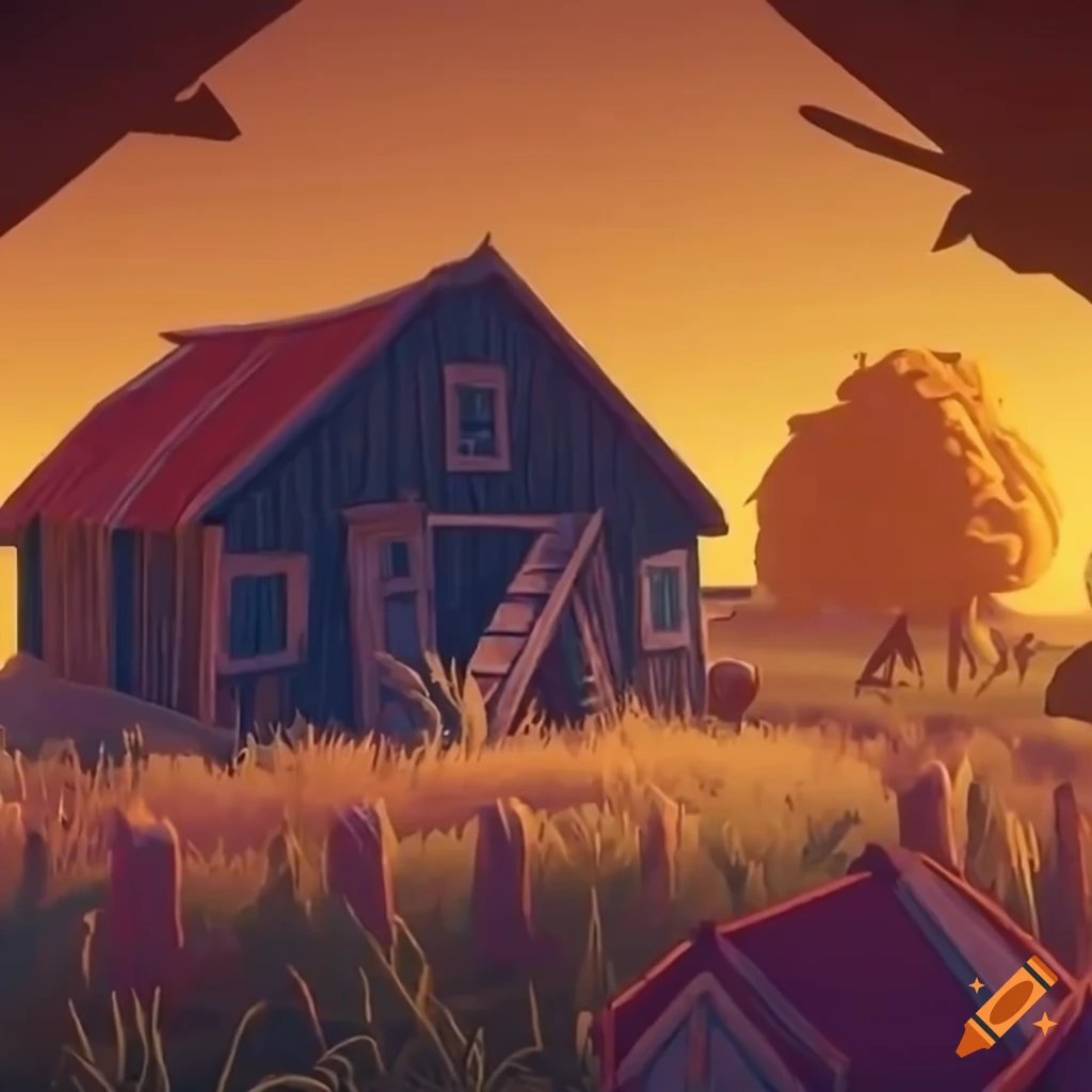 Rural farm scene with worn-out shed and lively crops in a video game level