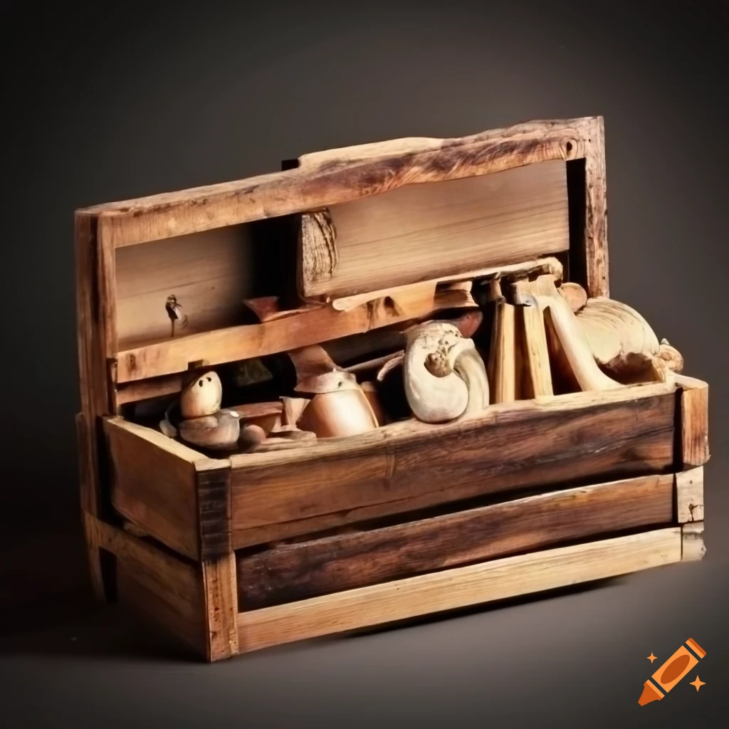 Old trinkets and relics in an open drawer inside a big wood crate