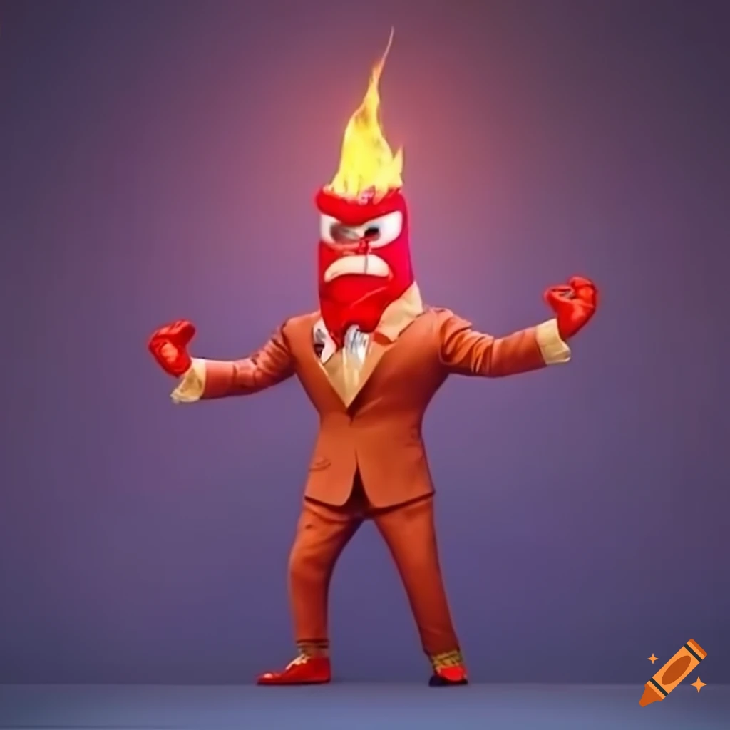 Animated character Anger Wrath from 'Inside Out' in red with gold suit and hat