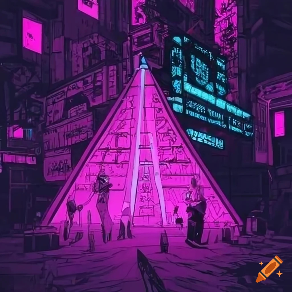 Cyberpunk styled pyramids with neon arrangements