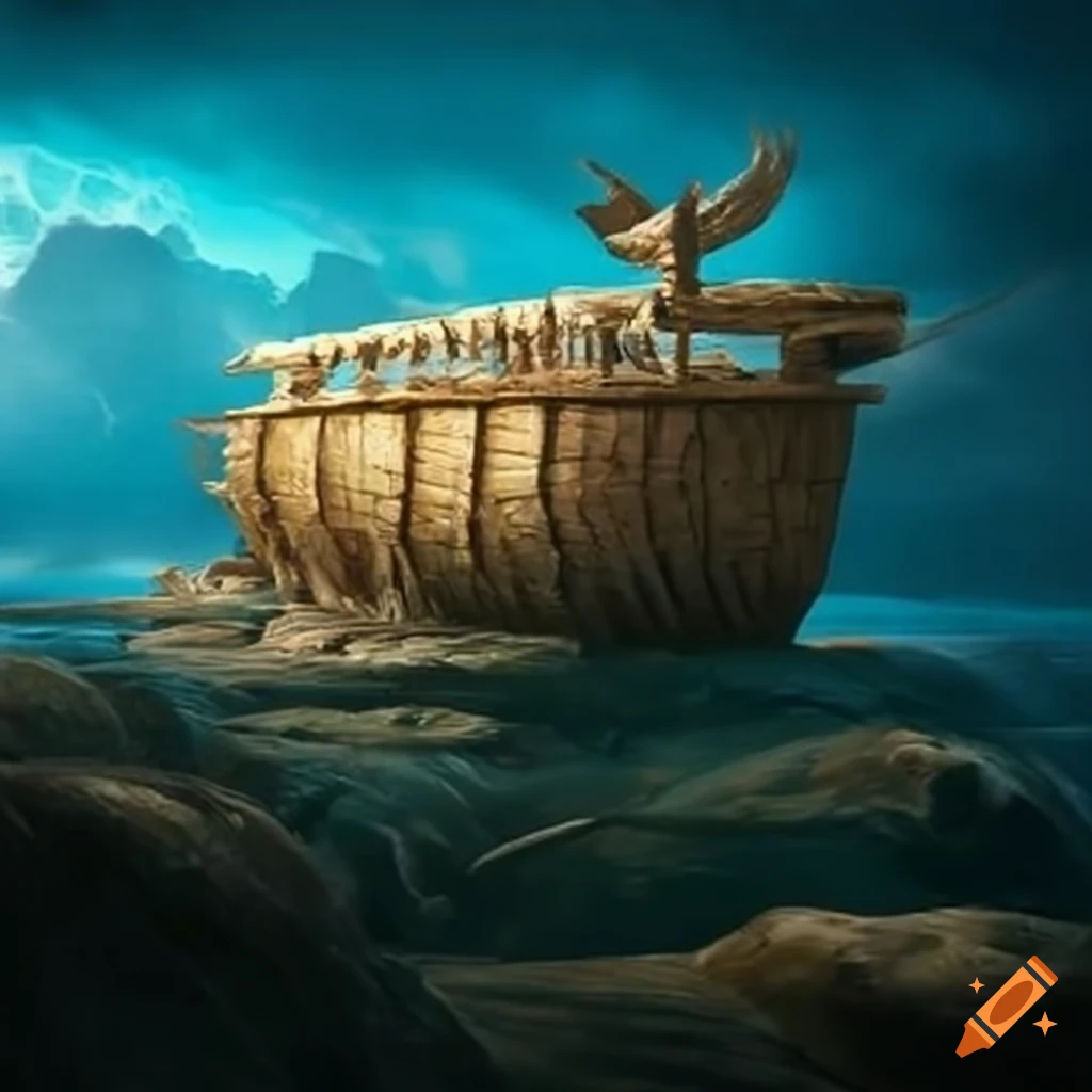 Prehistoric seafarer building wooden ark during storm