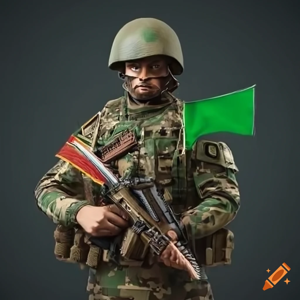 Soldier in full military attire holding a green flag