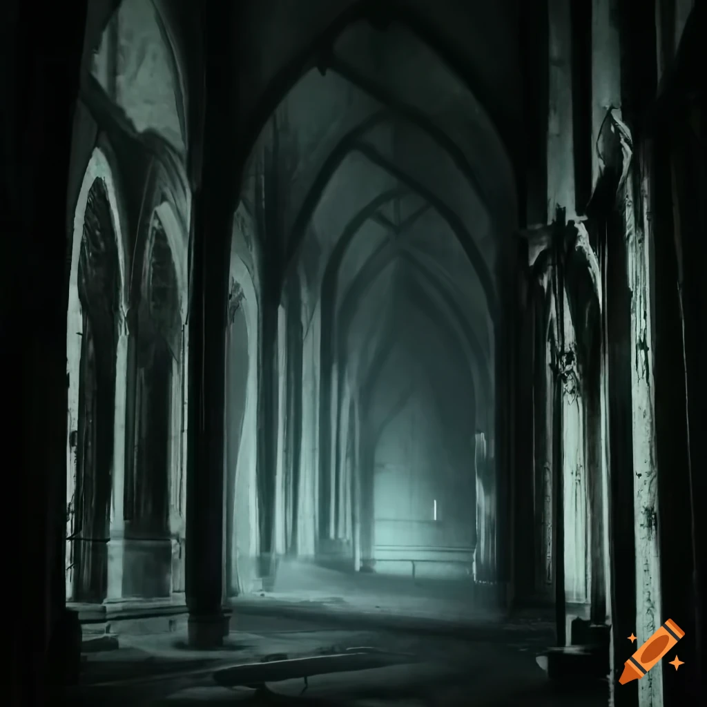 Rainy and gloomy halls with stained windows, torches, and monks in darkness