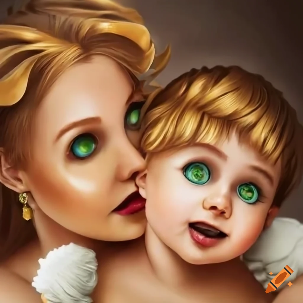 Mother with green eyes holding her one-year-old son