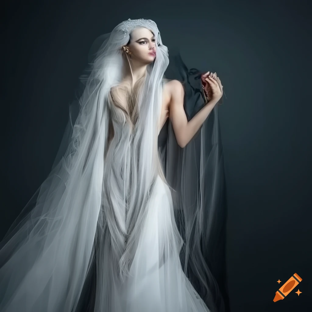 Mystical woman with long white hair in elegant attire