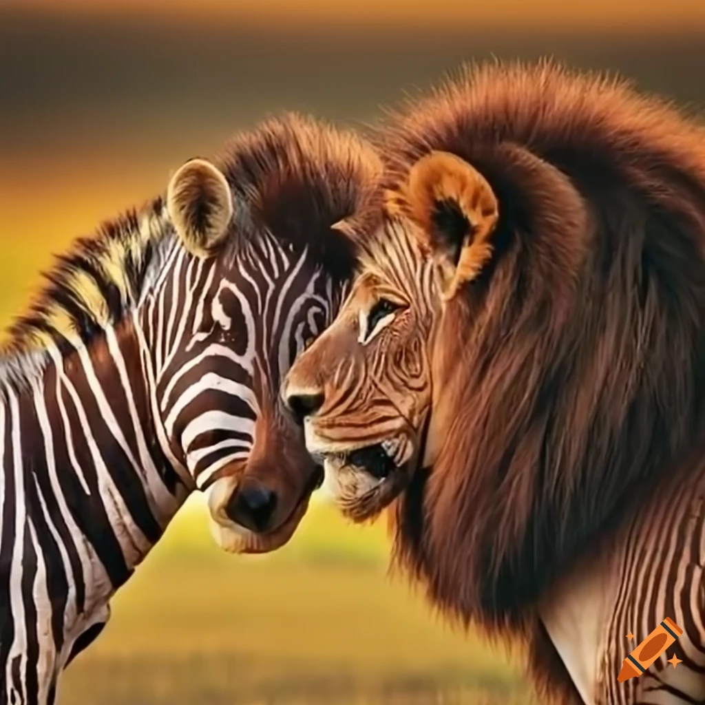A amizade entre uma zebra em leão