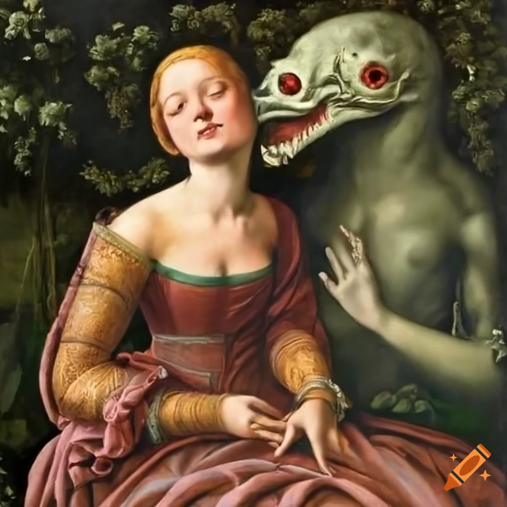 Renaissance painting of a monster kissing a noble woman in a garden