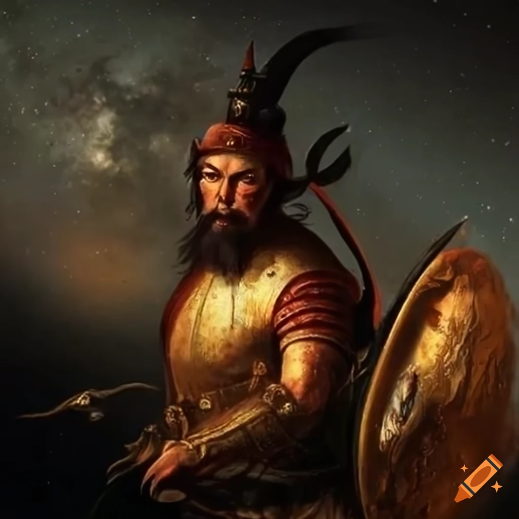 Attila the Hun facing the Mongols under a starry night sky with planets ...
