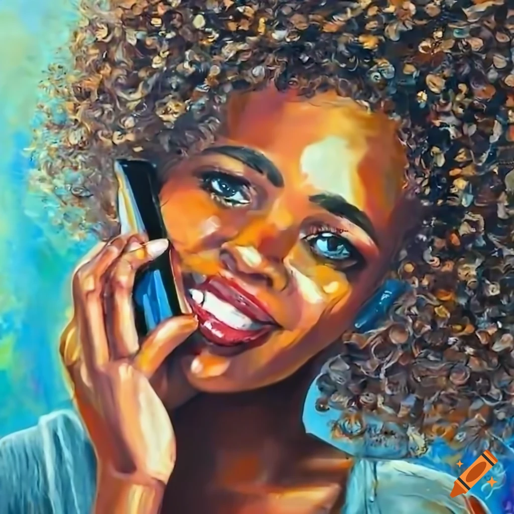 Black woman with long curly hair talking on the phone with her friend