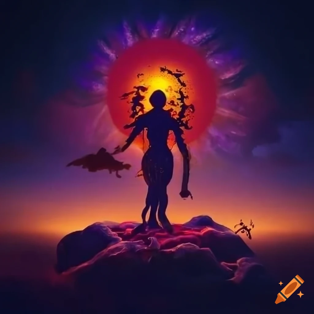 Serbian mythology scene with the black sun in the sky