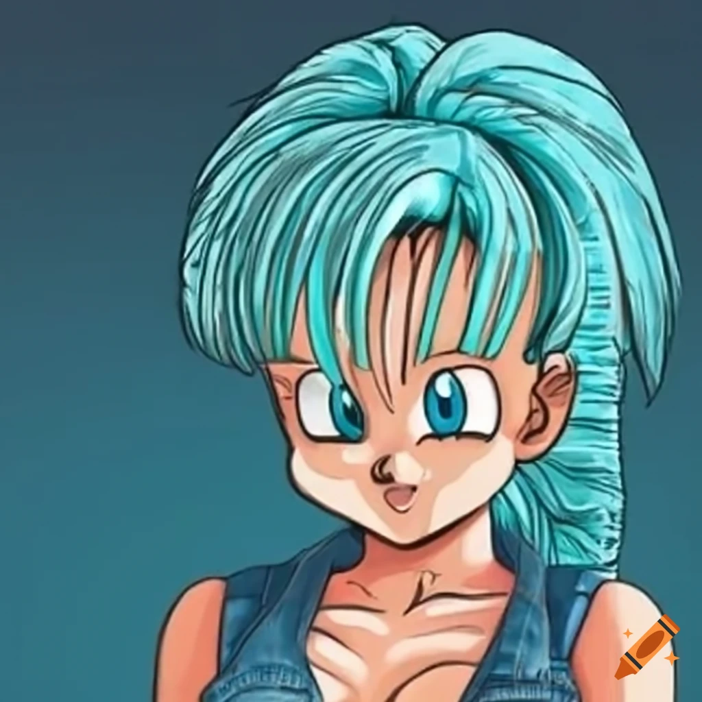 Bulma Briefs with turquoise hair laying on a bed in denim vest and blue jeans