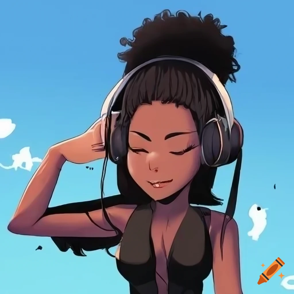 Black female listening to music with eyes closed and head tilted back