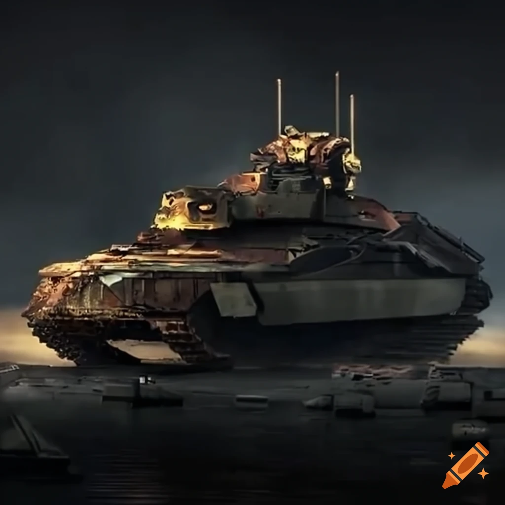 Futuristic battle tank breathing fire in a post-apocalyptic wasteland
