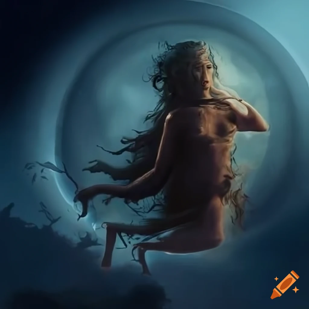 Greek mythology scene with a black sun in the ethereal sky