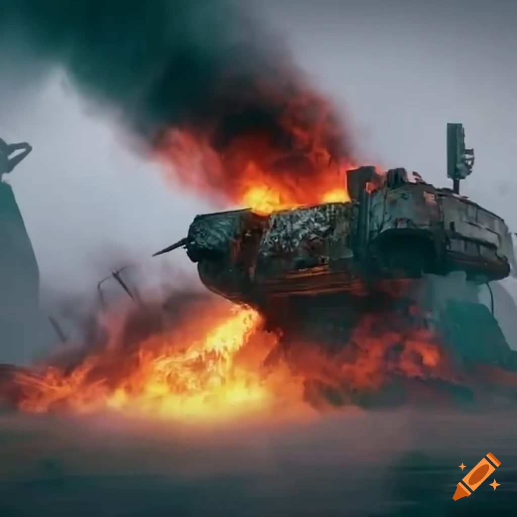 Dystopian death tank engulfed in flames with insane detail, super sharp, in 8K quality