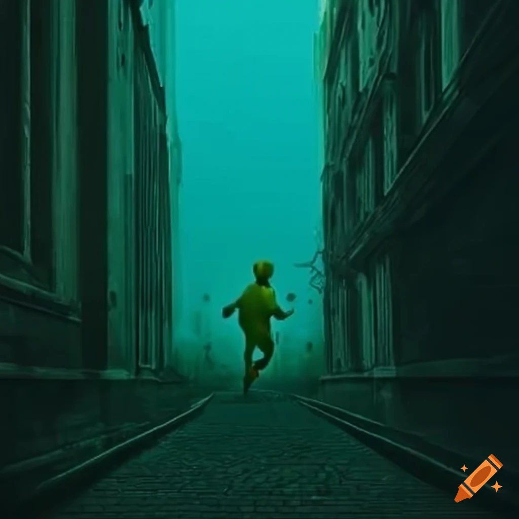 Green man running through an alley