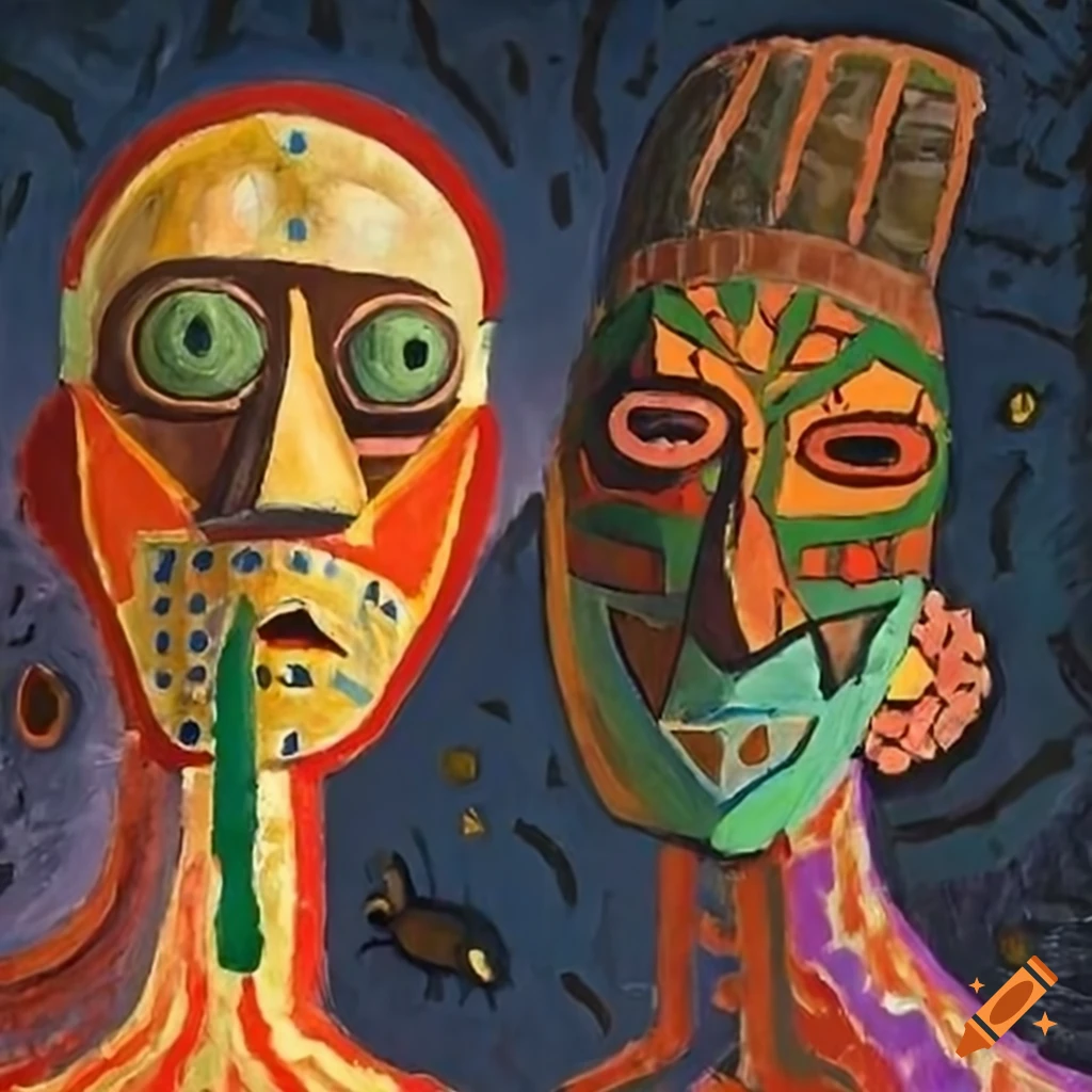 Two boys dancing in a colorful field surrounded by African masks and aliens in an outsider art style