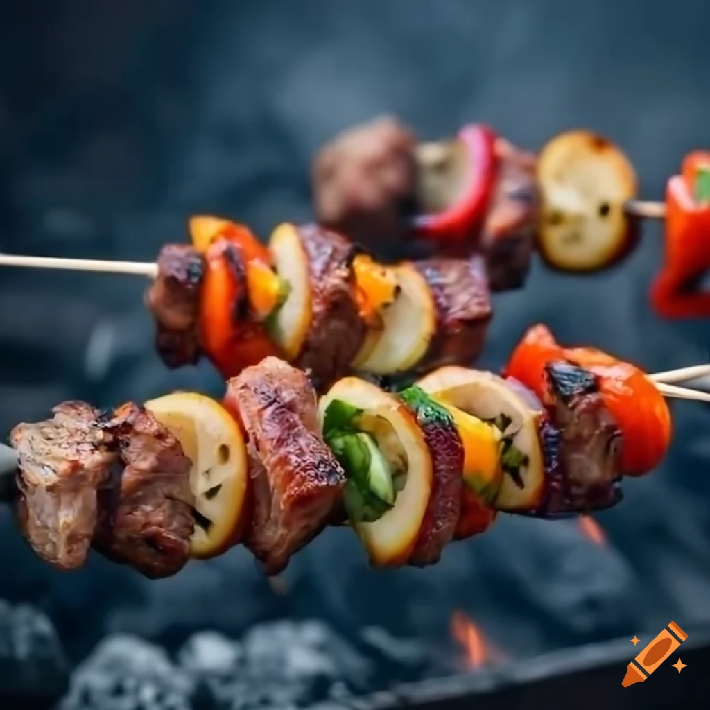 Grilled traditional Arabic meat skewers with veggies on burning coal