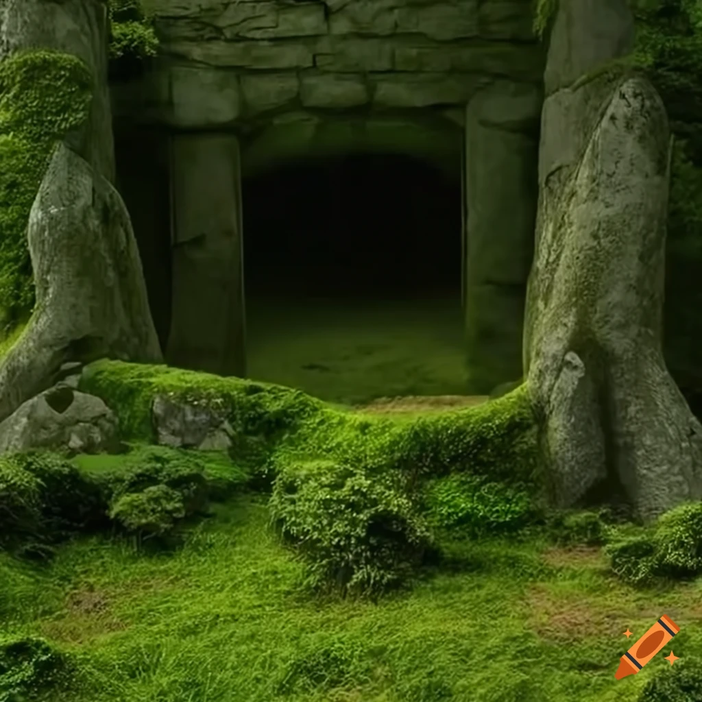 Lush oasis with megalithic structure