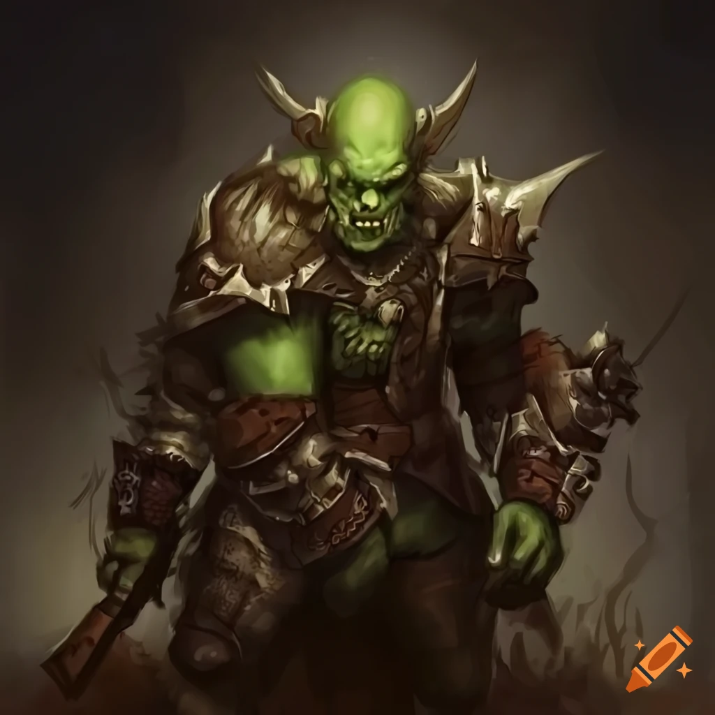 Orc tactician planning a raid in a wasteland in fantasy art style