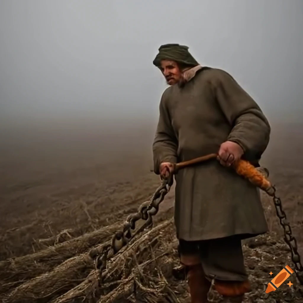 Medieval peasant harvesting giant carrots in a plough field