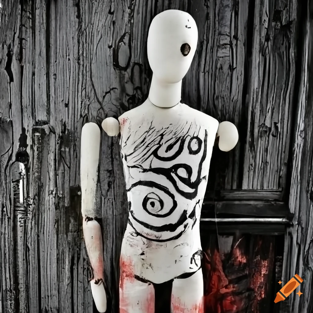 Mysterious primitive mannequin in vivid red, white, and black colors inspired by Junji Ito's art style