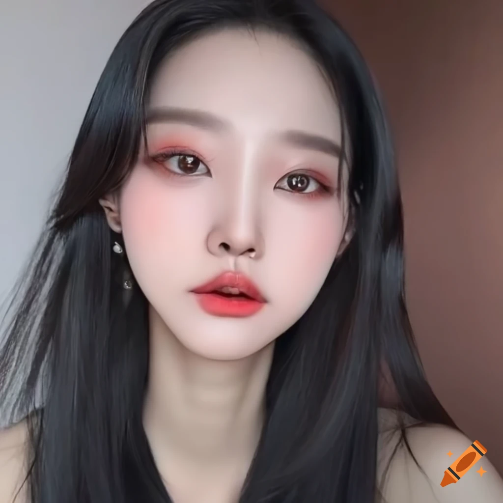 Idol makeup on a fair-skinned 18-year-old Korean woman with black hair taking a selfie