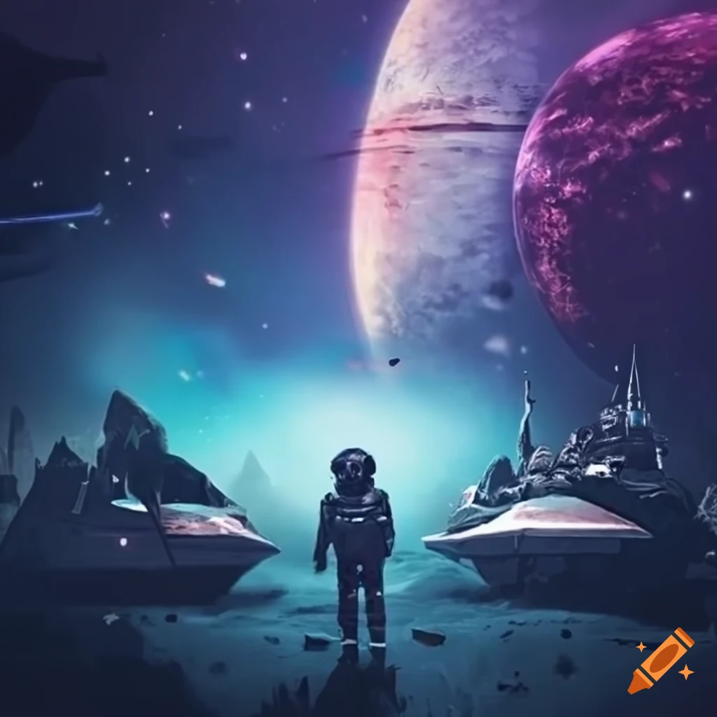 Futuristic space scene with astronauts, planets, and starships on a t-shirt design