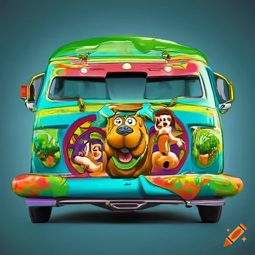 Scooby-Doo in front of the Mystery Machine van in a vibrant cover art