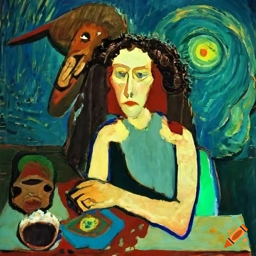 Beautiful sad witch sitting near a table with an African mask, Outsider art style