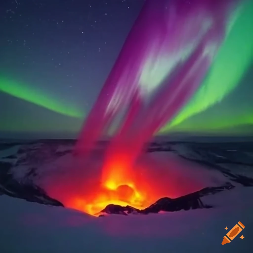 Volcano eruption under northern lights