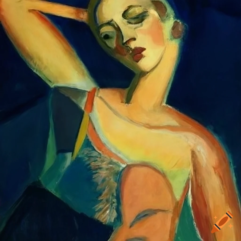 Ballerina dancing among African masks and sunflowers in an Outsider art style