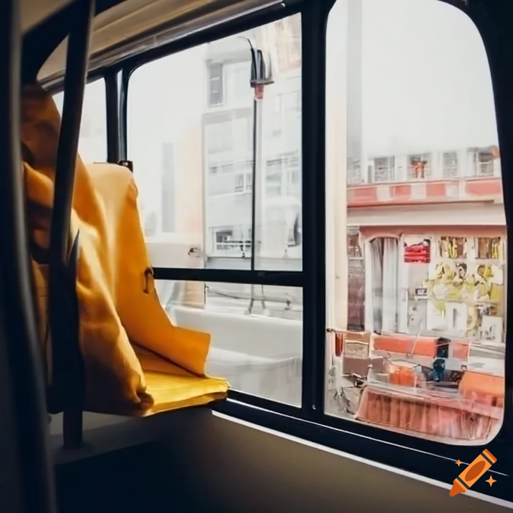 View from inside a bus with large windows and seats