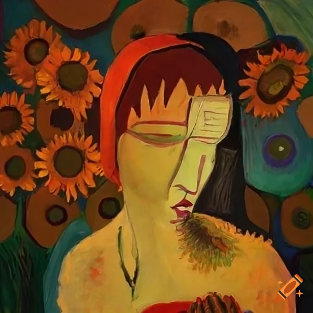 Beautiful witch dancing with moon and aliens among African masks and sunflowers in outsider art style