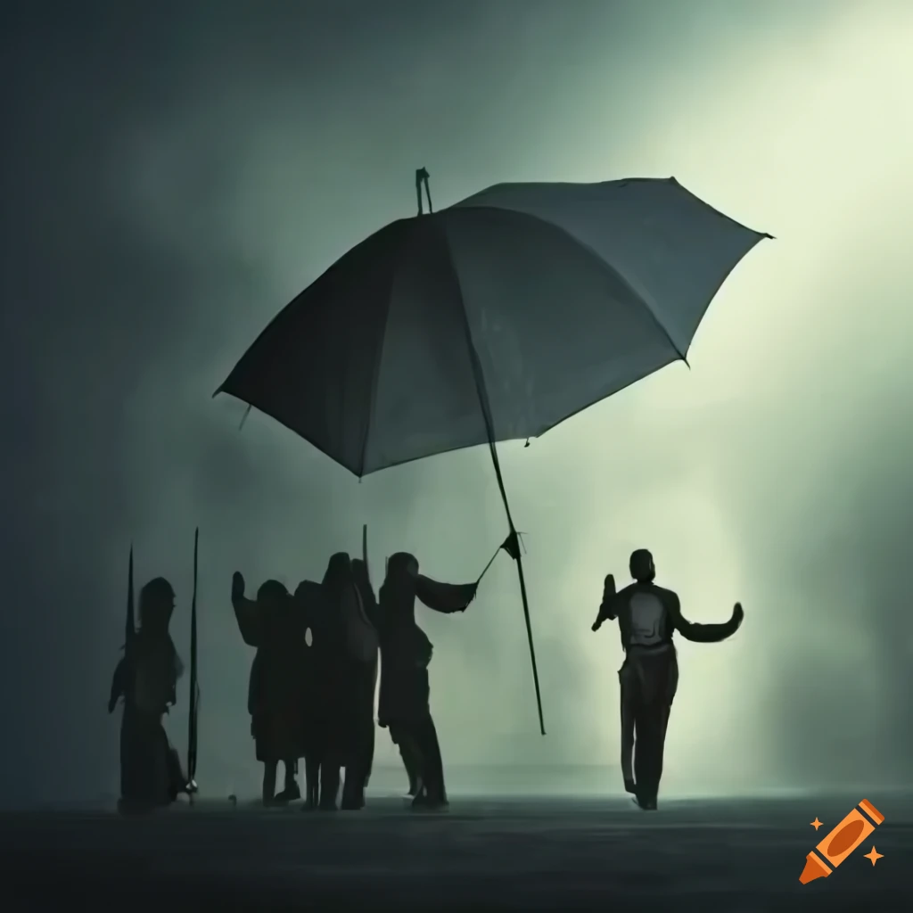 Group using a big umbrella in the rain