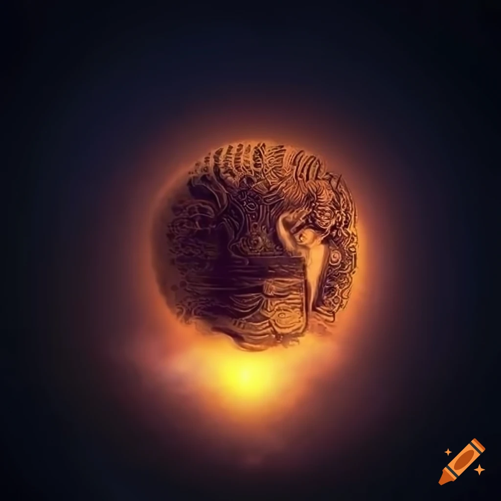 Greek mythology scene with a black sun in the ethereal sky