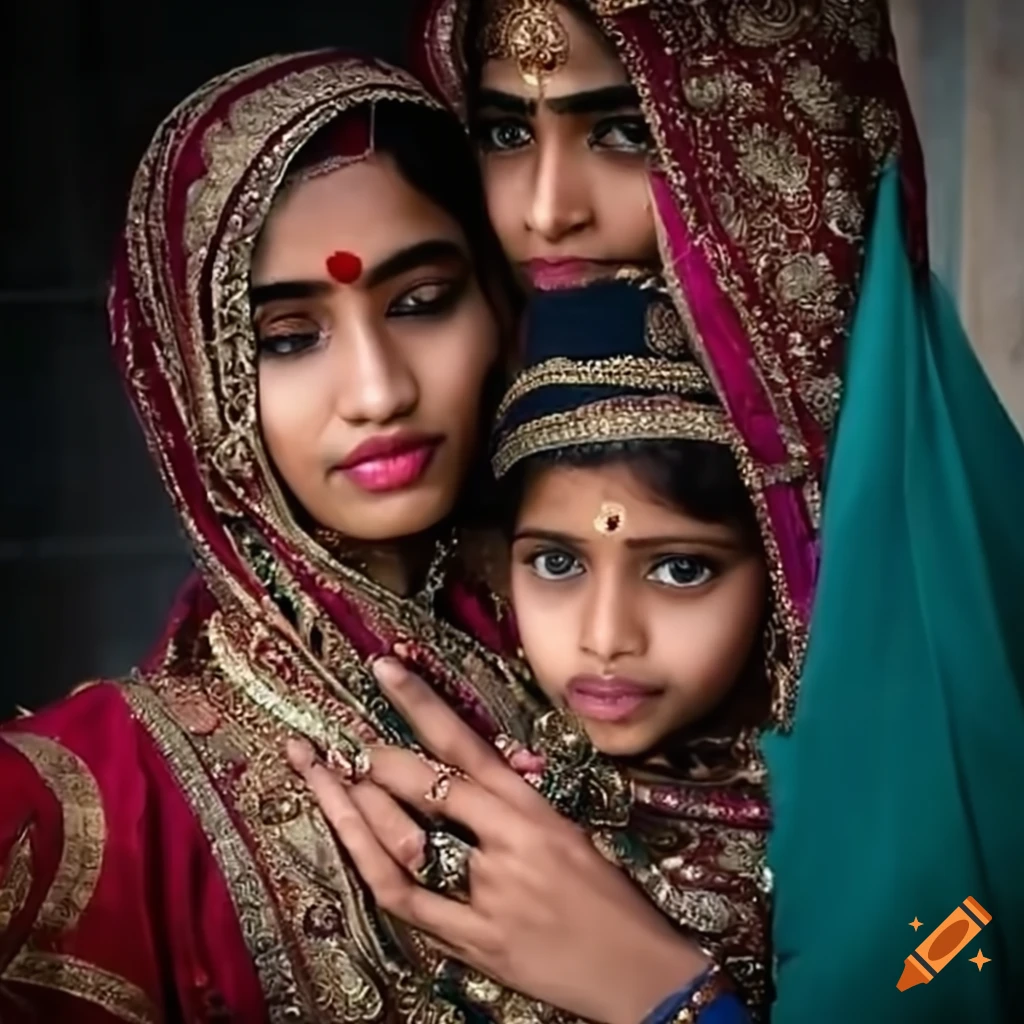 Image of unity and diversity with Hindu girl embracing Muslim men