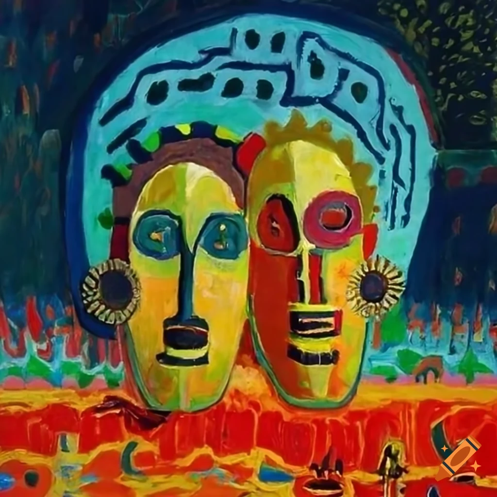 Two boys dancing in a colorful field with African masks and aliens in Outsider art style