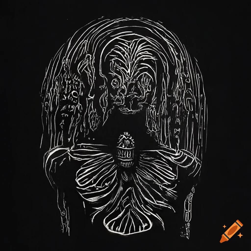 Dream-like entity floating in deep space, black and white linocut inspired by Zdzislaw Beksinski