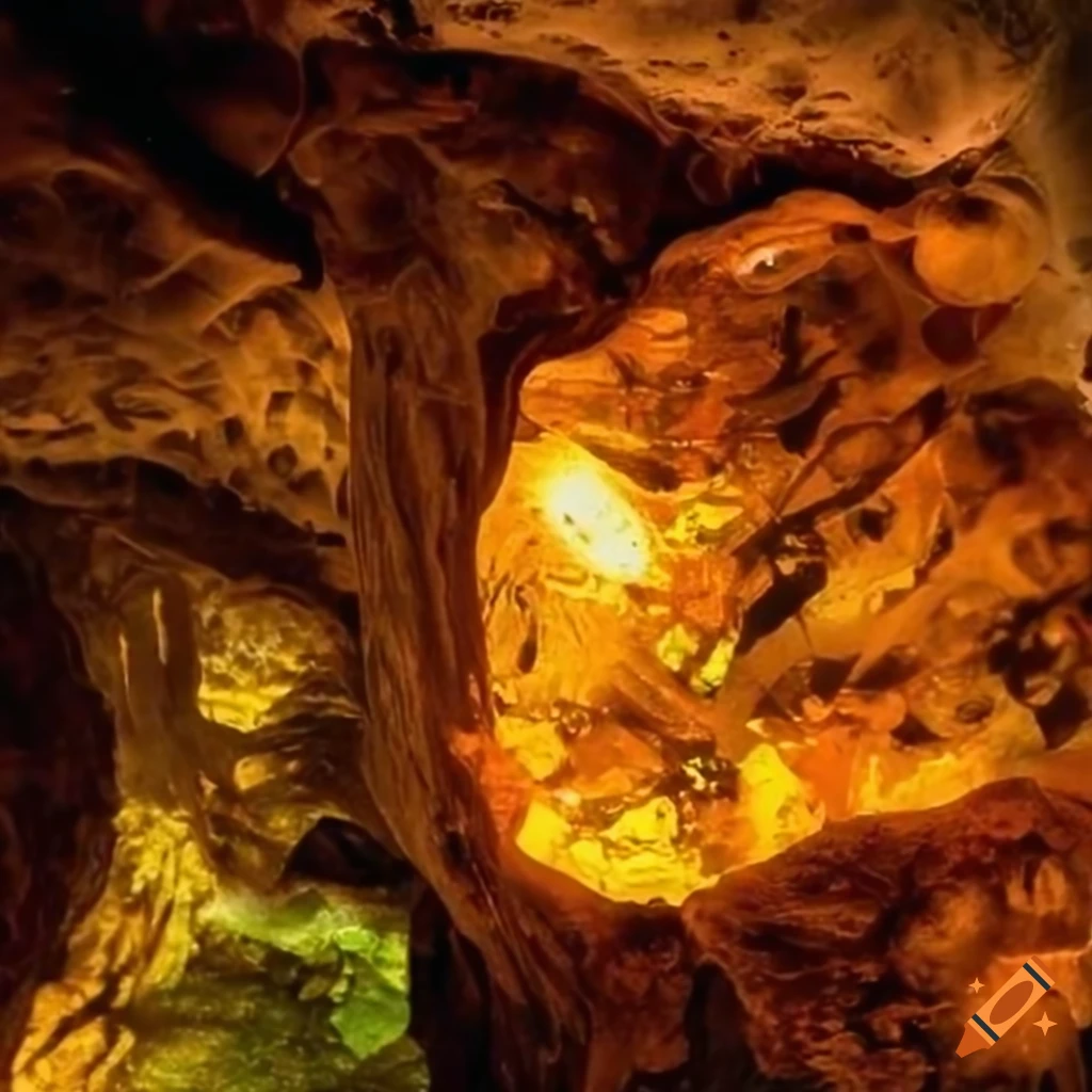 Amber gemstone suspended in a cave