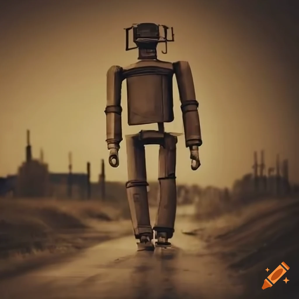 Robot man walking in rainy weather by a diesel refinery