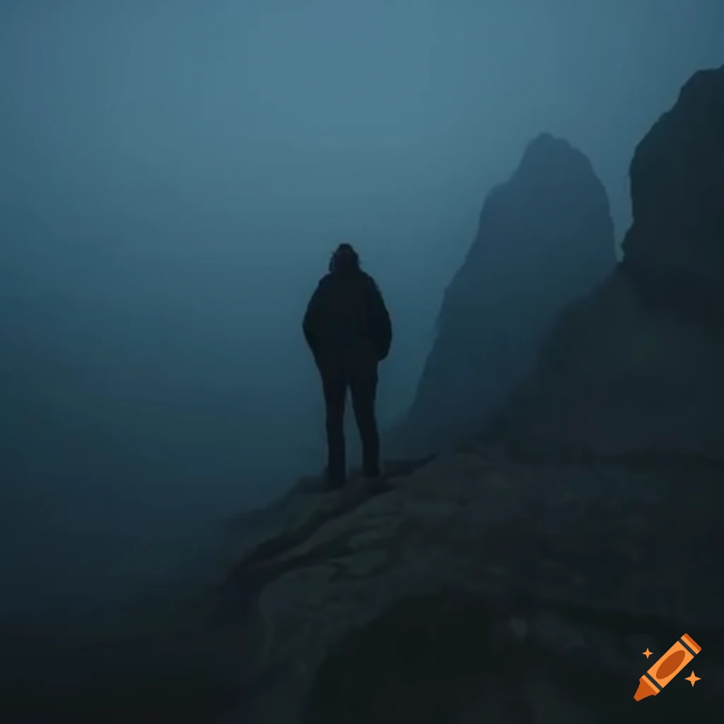 Person standing on dark mountain in stormy weather