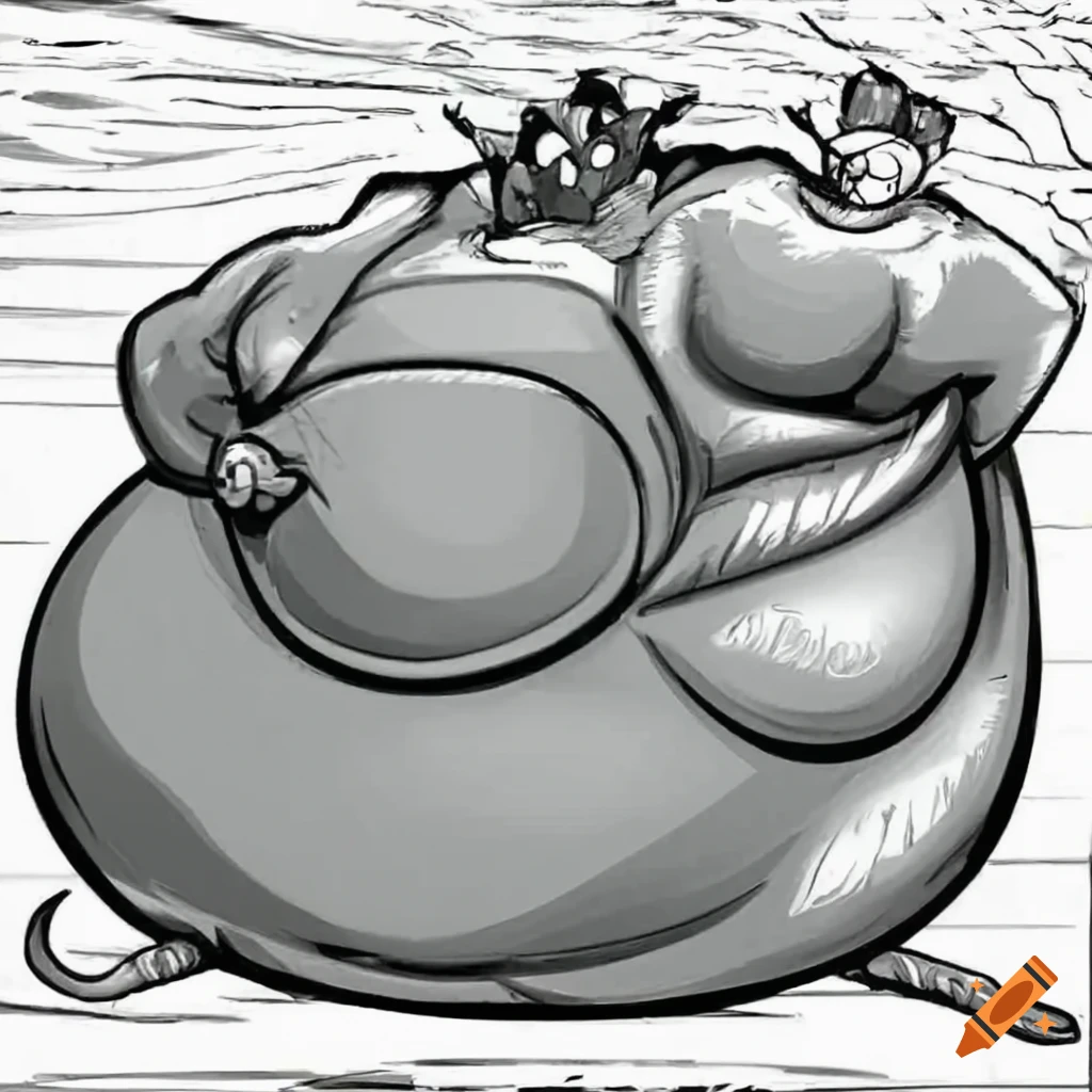 Cartoon mouse character showing drastic weight gain and big belly
