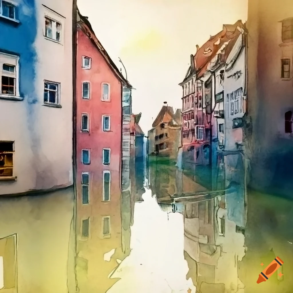 Aquarell painting of a flood in a city with a red raft carrying people
