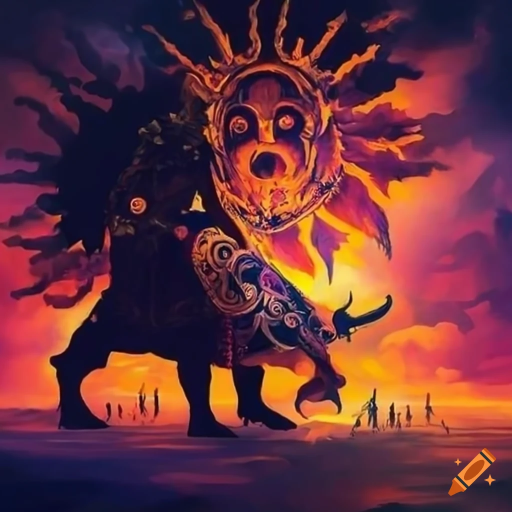 Serbian mythology scene with the black sun in the sky
