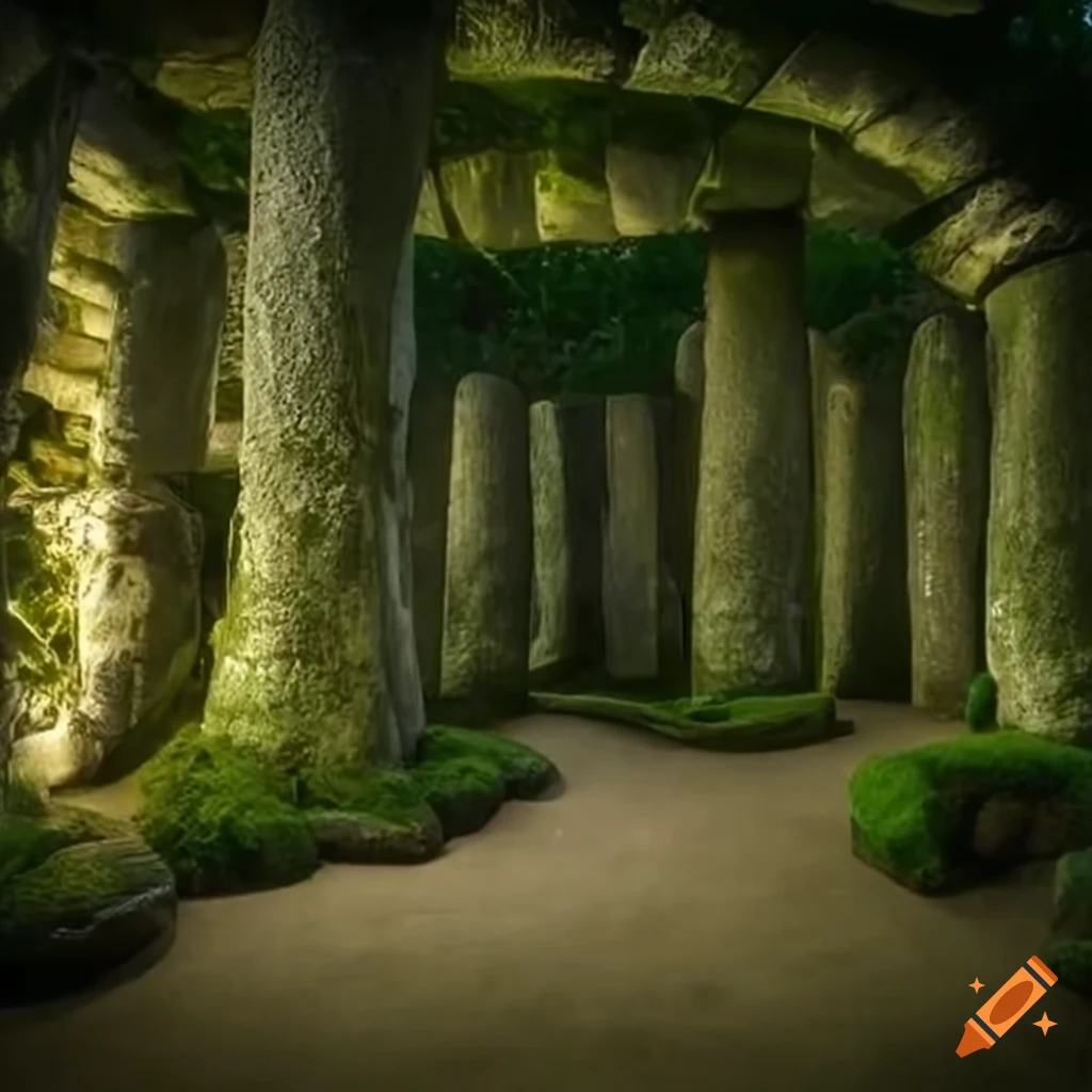 Lush oasis with megalithic structure